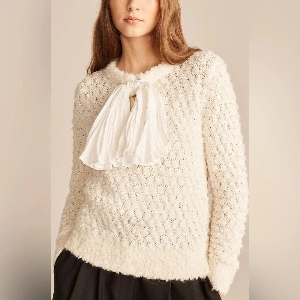 Rebecca Taylor Ivory Cotton Blend Feminine Whimsical Sweater Removable Bow L